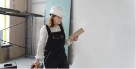 A female project manager in a hard hat reviewing a clipboard on a construction site.